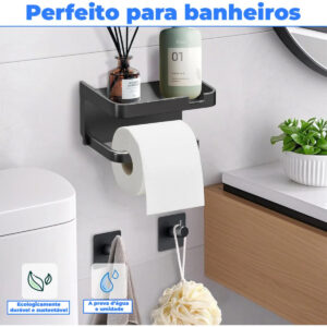 Suporte Porta Papel Higiênico Adesivo com Prateleira Preto Fosco